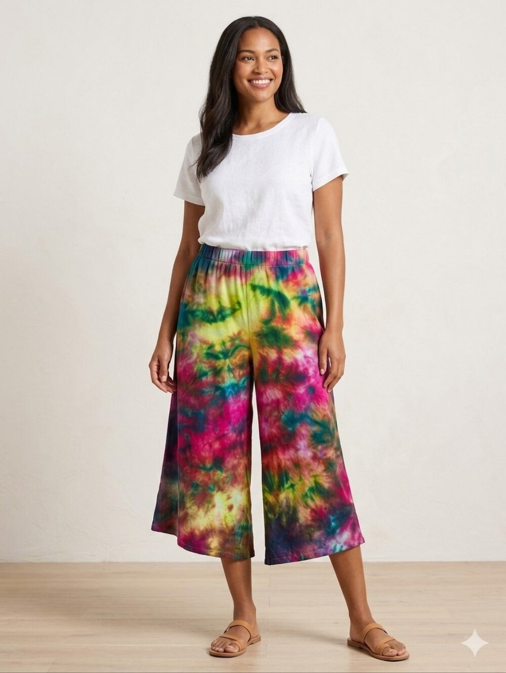 Custom Tie-Dyed Wide Leg Cropped Pants - Multicolor, Size XL